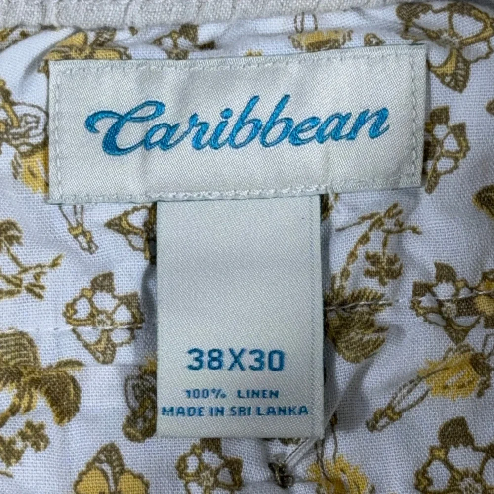 Caribbean Mens 38x30 Linen Pants Cream Off White Elastic Waist Summer Beach